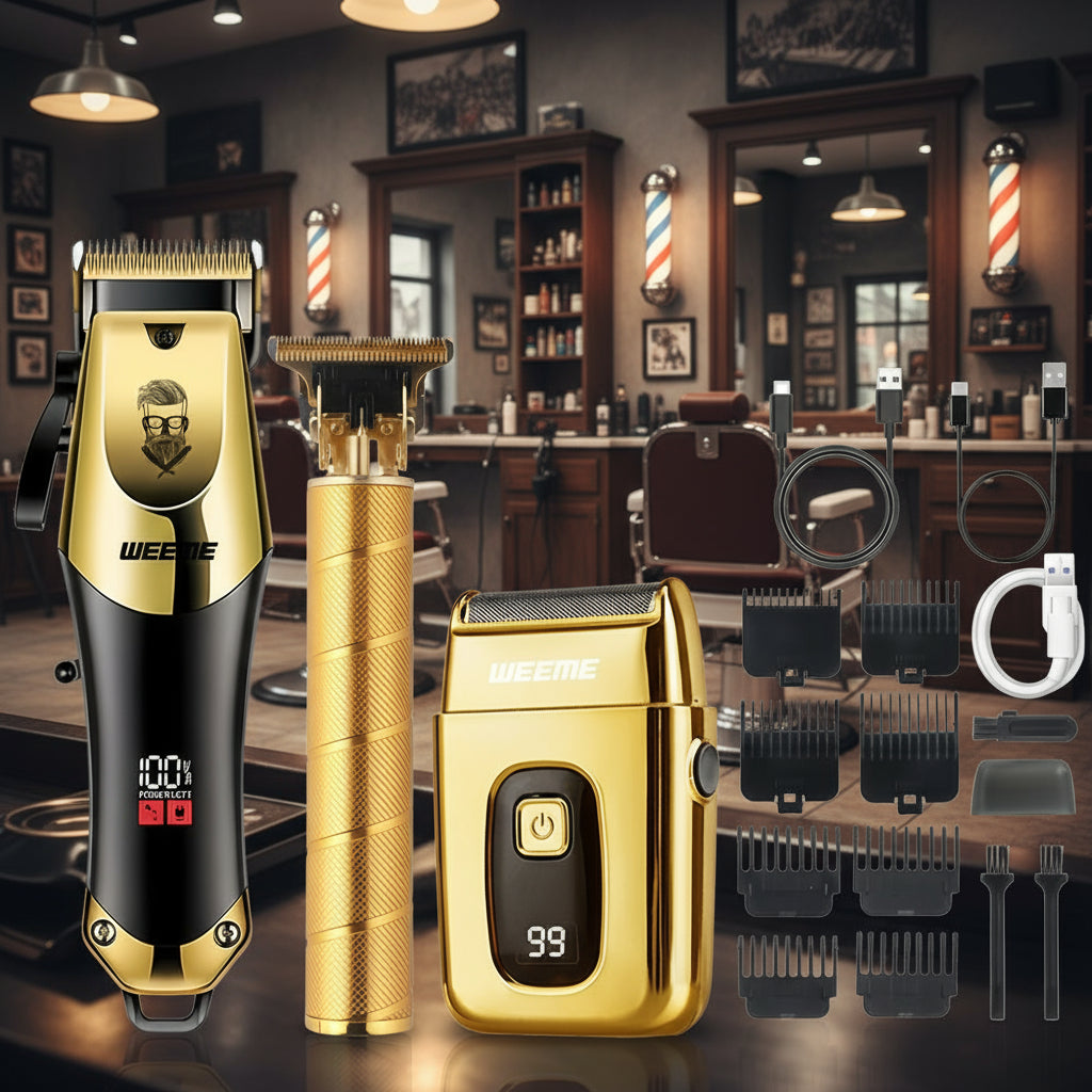 Maquinilla de afeitar y recortadora de pelo dorada para hombres