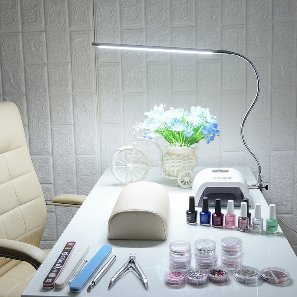 Lámpara de mesa con iluminación LED de alto brillo y clip para uñas, brazo largo